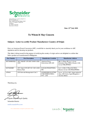 Letter to certify Product Manufacture Country of Origin