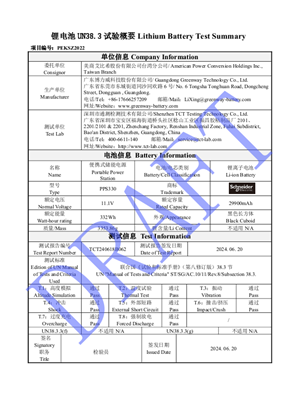 UN 38.3 Test Report & Test Summary PPS330 230V
