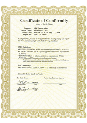 EMC Compliance Certificate EU/EN/CE, US/FCC, Japan/VCCI for the AP9630 & AP9631