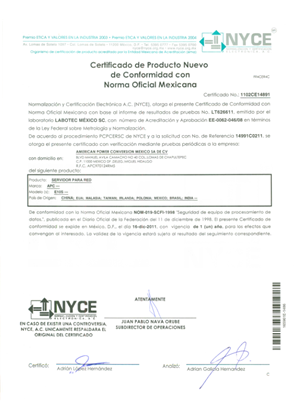 Mexican NYSE Product Certification for ISX Central (AP9465, AP9470, AP9475, AP9475CN)