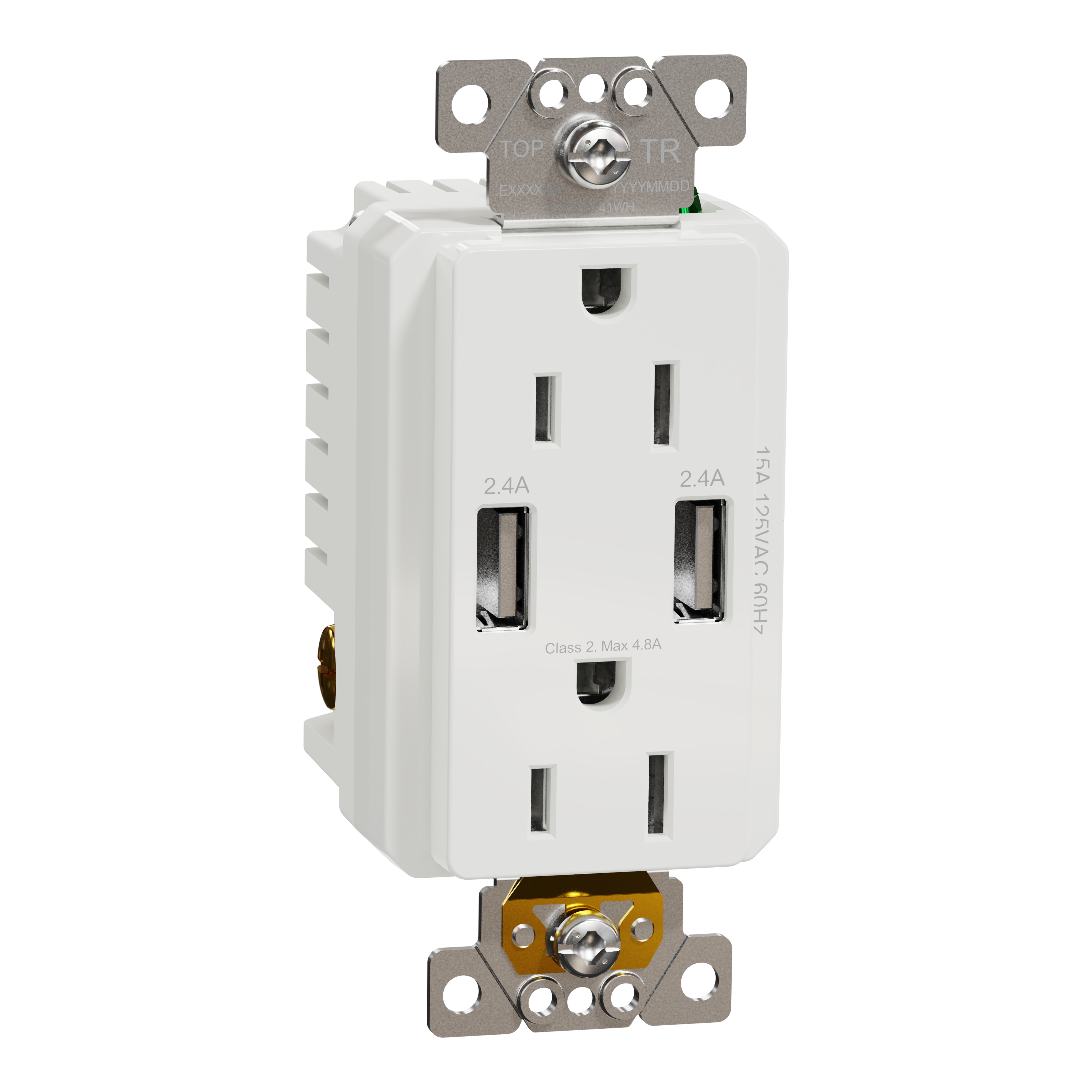 USB charger + socket-outlet, X Series, 15A socket, 4.8A USB A/A, duplex, tamper resistant, white, matte finish