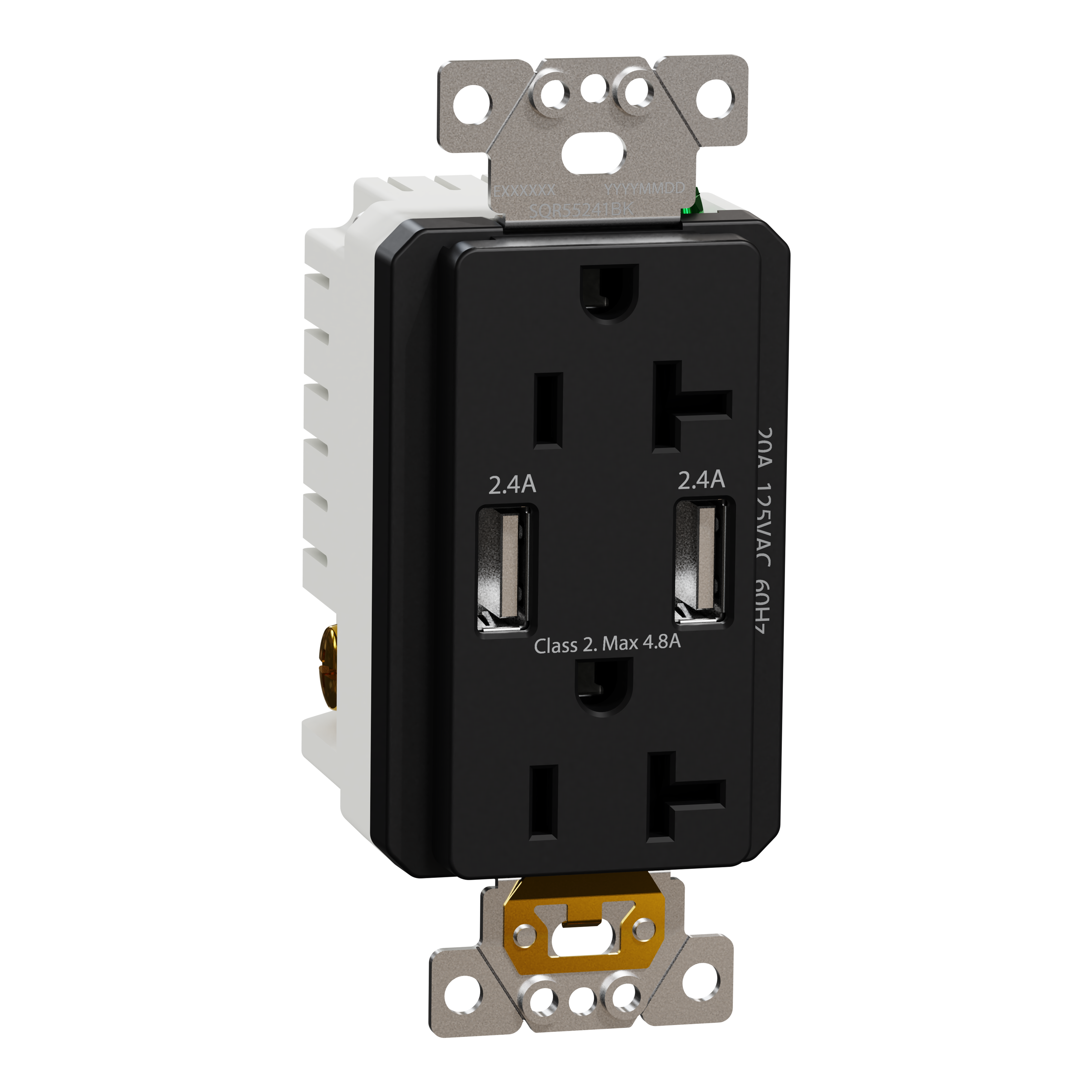 USB charger + socket-outlet, X Series, 20A socket, 4.8A USB A/A, duplex, tamper resistant, black, matte finish