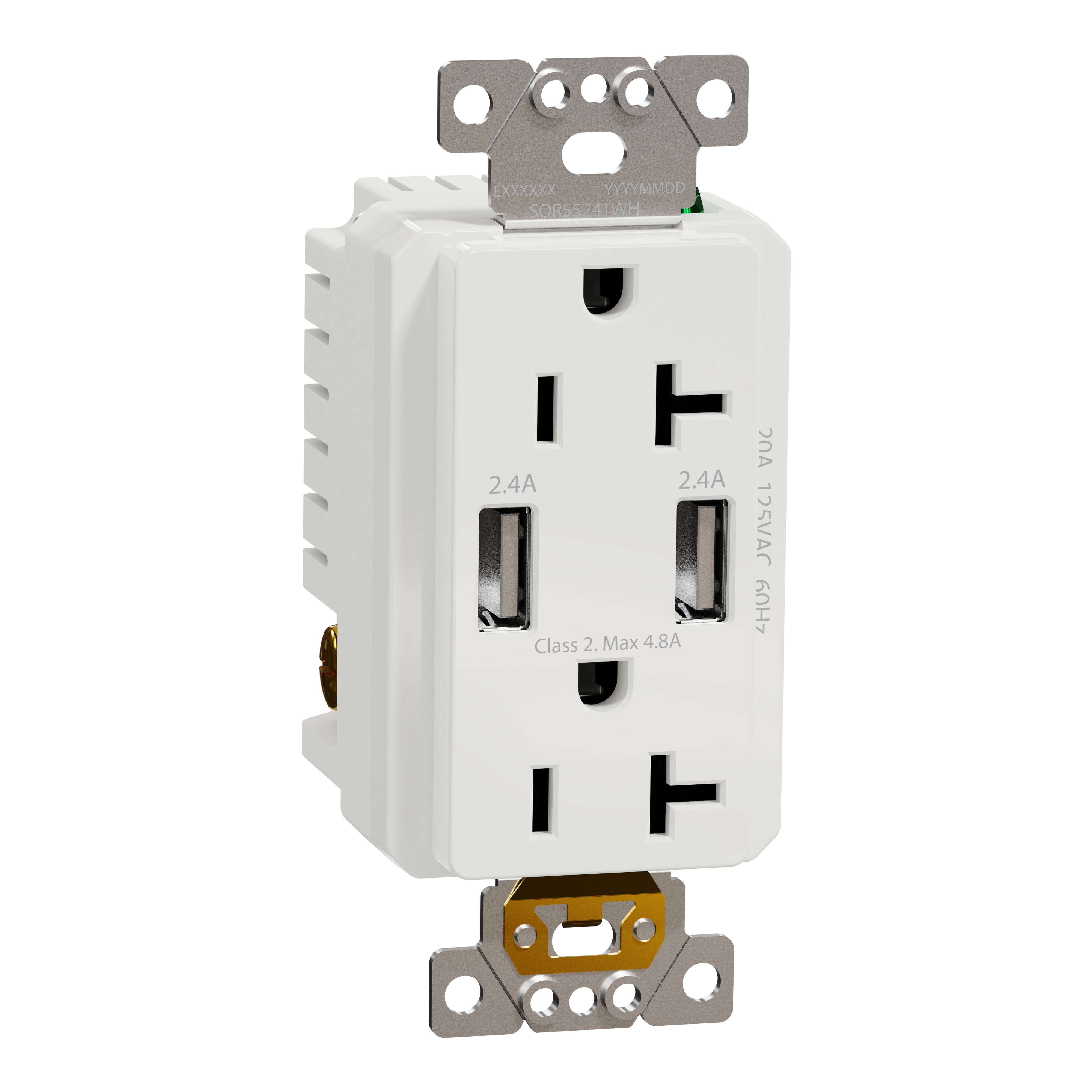 USB charger + socket-outlet, X Series, 20A socket, 4.8A USB A/A, duplex, tamper resistant, white, matte finish