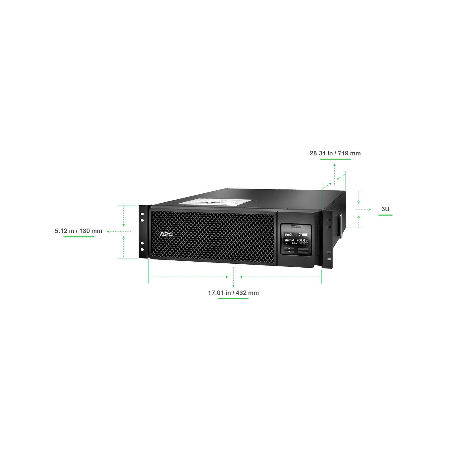 APC Smart-UPS On-Line, 5kVA, Rackmount 3U, 208V, 4x C13+4x C19 IEC