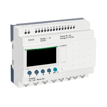 Zelio Logic programozható relé, kompakt, LCD kijelző, 6 DI + 6 DI/AI, 8 DO relés, belső órával, 12 VDC - SR2B201JD