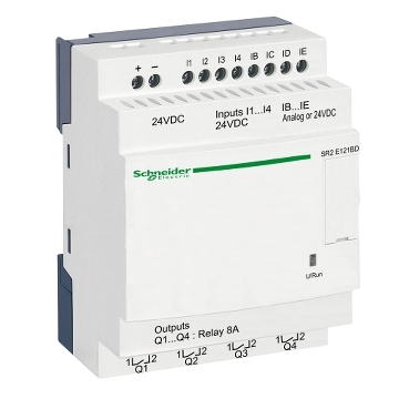 Zelio Logic programozható relé, kompakt, kijelző nélkül, 4 DI + 4DI/AI, 4 DO relés, belső órával, 24 VDC - SR2E121BD