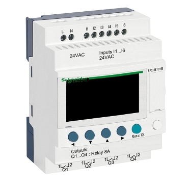 Zelio Logic programozható relé, bővíthető, LCD kijelző, 6 DI, 4 DO relés, belső órával, 24 VAC - SR3B101B