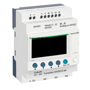 Zelio Logic programozható relé, bővíthető, LCD kijelző, 2 DI + 2 DI/AI, 4 DO tranzisztoros, belső órával, 24 VDC - SR3B102BD