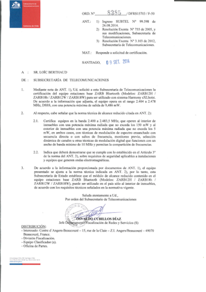 SUBTEL-Certificate-SUBTEL (Chili) Harmony eXLhoist