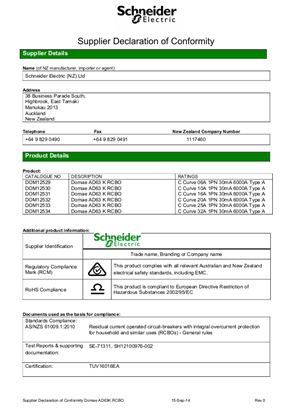 Domae RCBO, DOM12533, Supplier Declaration of Conformity