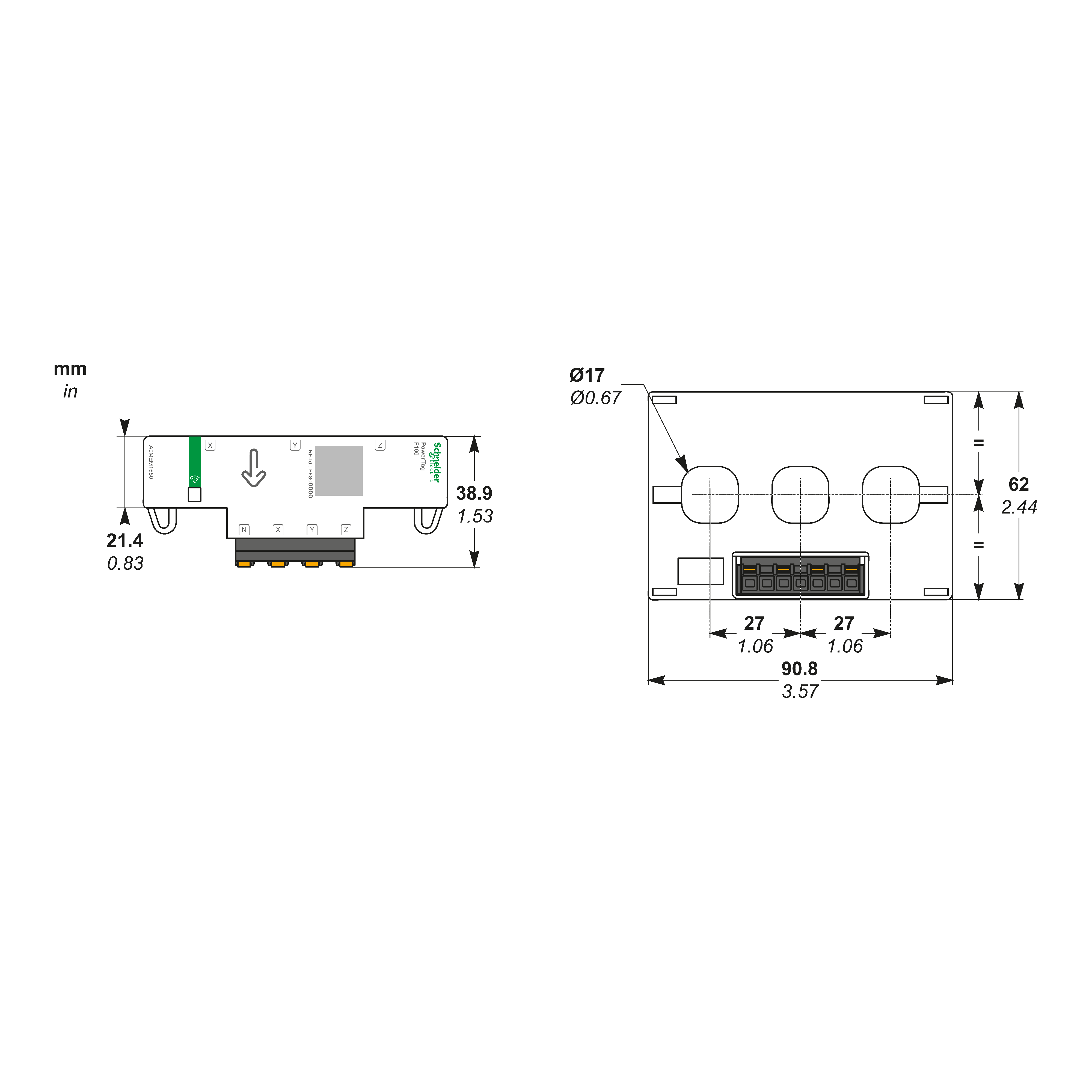energy sensor, PowerTag Flex 160A 3P/3P+N top and bottom position