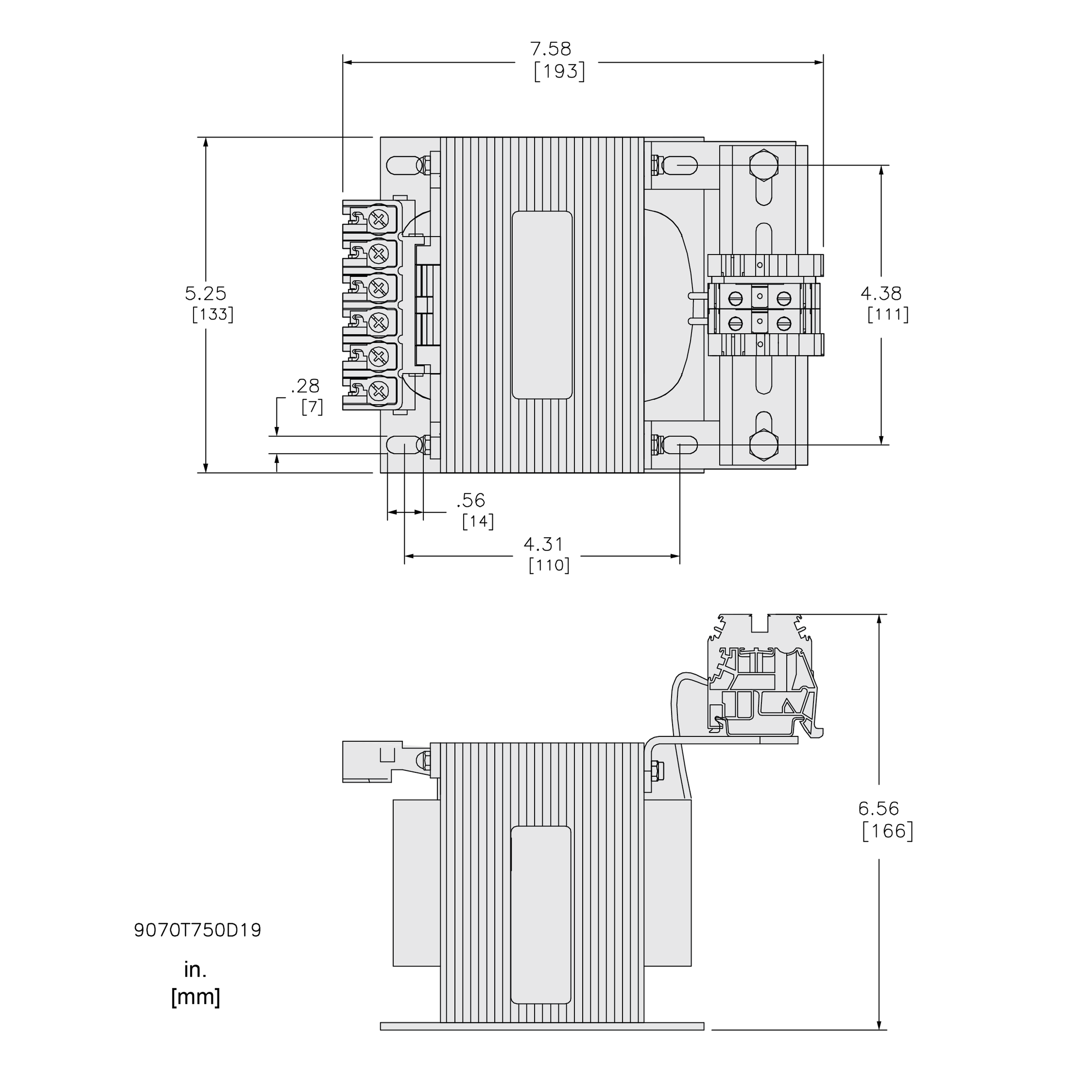 Illustration Dimensions Drawing 750VA 9070 Type T Control Power
