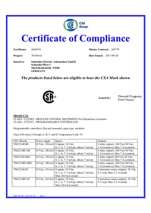 Modicon, TM221, Certificate, CSA, Ordinary Location