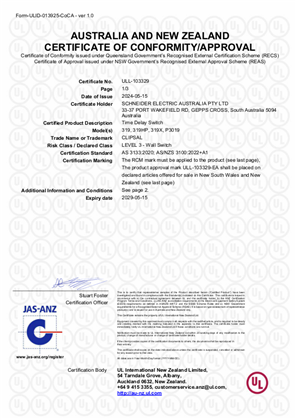 Clipsal, 319 and P3019 time delay switches, Certificate, RCM, ULNZ LTD