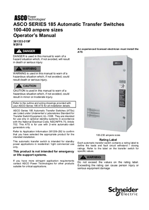 Operators Manual | ASCO SERIES 185 Automatic Transfer Switch (ATS) | 100-400 Amps | 381333-319