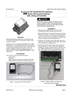 Installation Manual | ASCO SERIES 300 Group G Controller Accessory | 1UP Kit 935149 | 381339-314