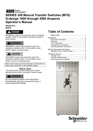 Operators Manual | ASCO SERIES 300 Manual Transfer Switch (MTS) | 1600-3000 Amps | G Frame | 381333-473