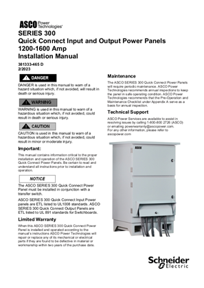 Installation Manual | SERIES 300 Quick Connect Input and Output Power Panels | 1200-1600 Amps | 381333-465