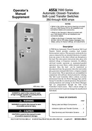 Operators Manual Insert | ASCO 7000 SERIES Closed Transition Soft Load Automatic Transfer Switch (ASLS)| 260-4000 Amps | 381333-206