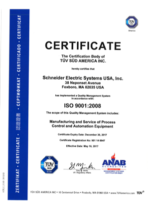 Schneider Electric Systems Field Devices  ISO 9001:2008 Certificate - Design, Development  and Support of Process Control and Automation Equipment
