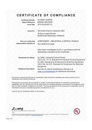 Certificate - compliance to UL508A for ClimaSys CV-fans- Grills-Fanbox and Roof Ventilation