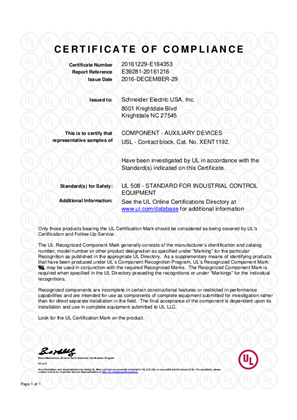 UL-Certificate-UR Certificate XENT1192 XACA Harmony XAC