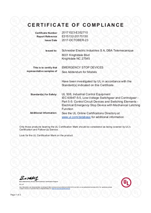 UL-Certificate-UL Emergency Stop Device certificate XACA Multi H7 Harmony XAC