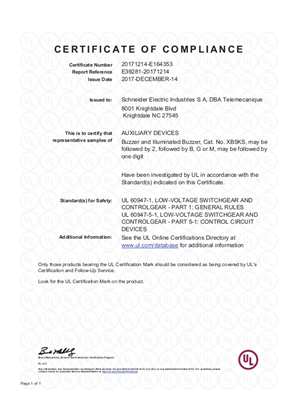 UL-Certificate-UL certificate XB5KS Buzzer Harmony
