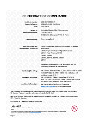 UL-Certificate-XB4R XB5R Wireless & Batteryless pushbuttons