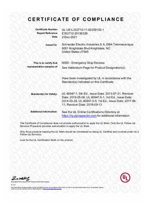 XALK84W, XALK178W, XB5AS84W, ZB5AS84W, ZBY8L, ZBY9W Emergency Stop Devices