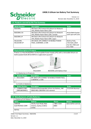 UN38.3 Lithium Ion Battery Test Summary for BGE50ML, BGE50ML-CA, BGE50ML-JP, M12USWH, M12USWH-JP