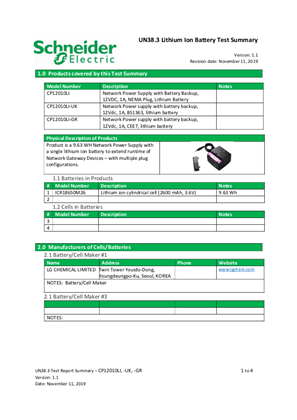 UN38.3 Lithium Ion Battery Test Summary for CP12010LI, CP12010LI-GR, CP12010LI-UK
