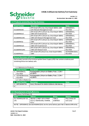 UN38.3 Lithium Ion Battery Test Summary for SCL500RM1NC, SCL500RM1UC, SCL500RM1UNC, SCL500RMI1U, SCL500RMI1UC, SCL500RMI1UNC, SCL400RMJ1U