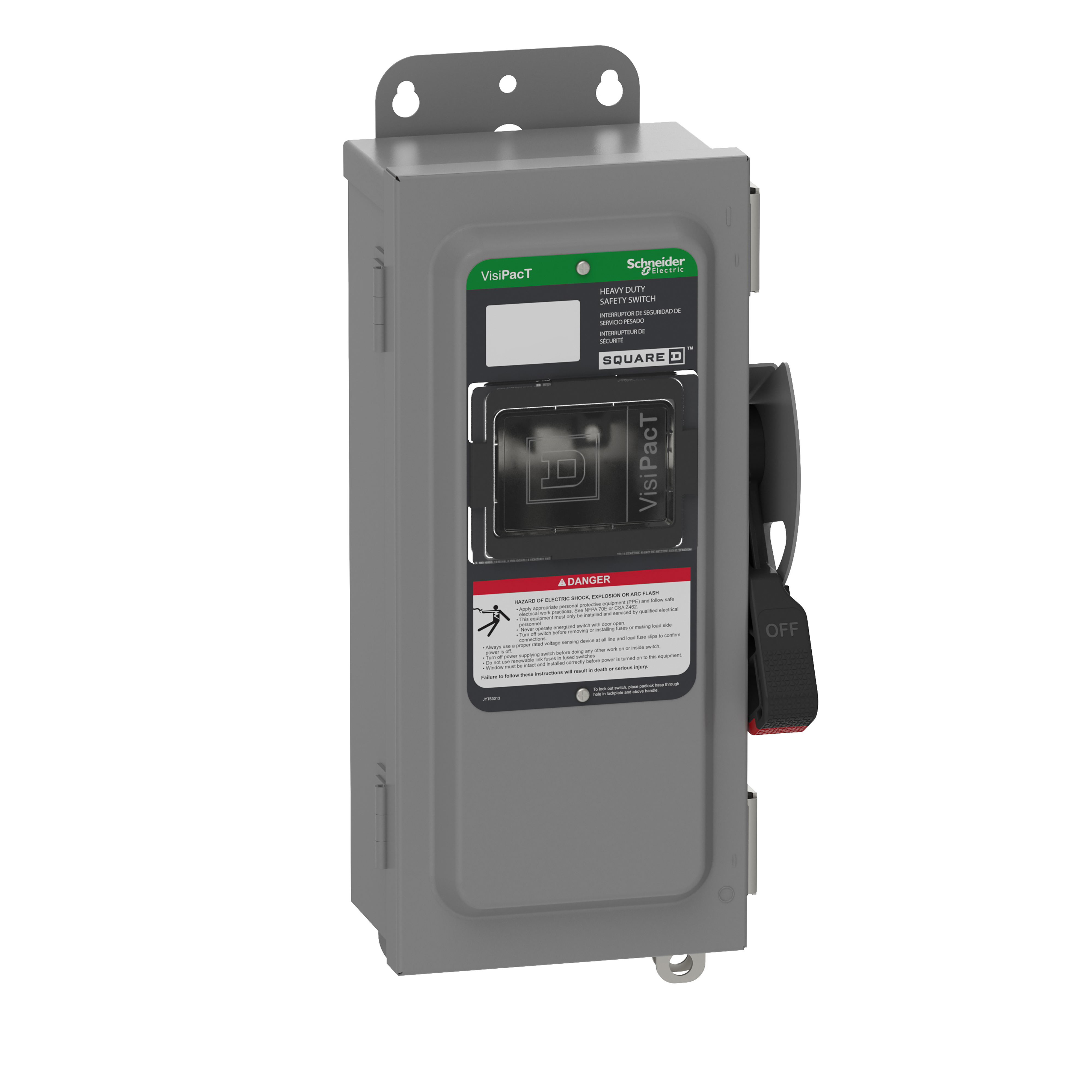 Safety switch, heavy duty, fused, viewing window, NEMA 12, 240V, 30A, 3 pole, neutral installed, ground lugs