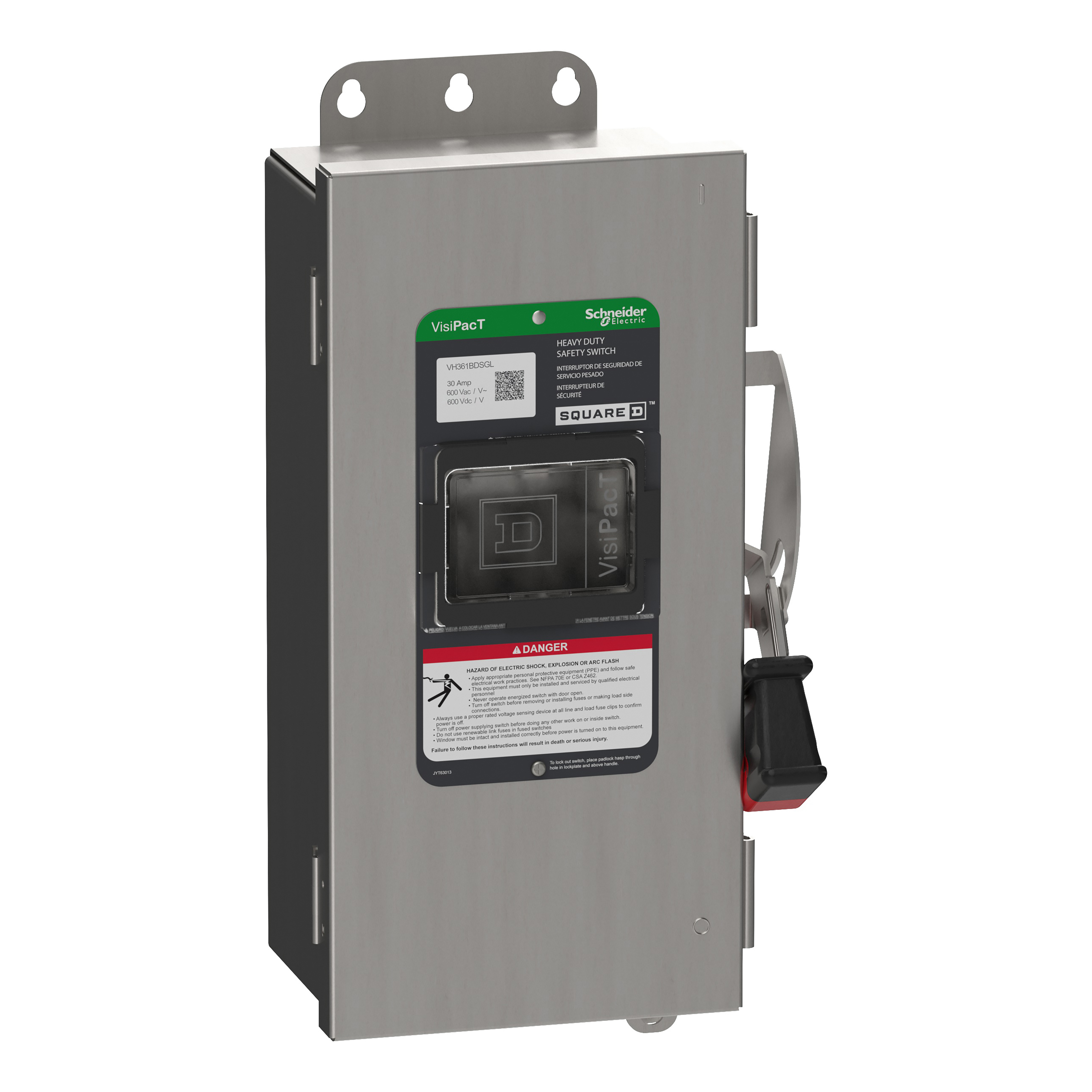 Safety switch, heavy duty, fused, viewing window, Type 4X, 600V, 30A, 3 pole, neutral installed, ground lugs