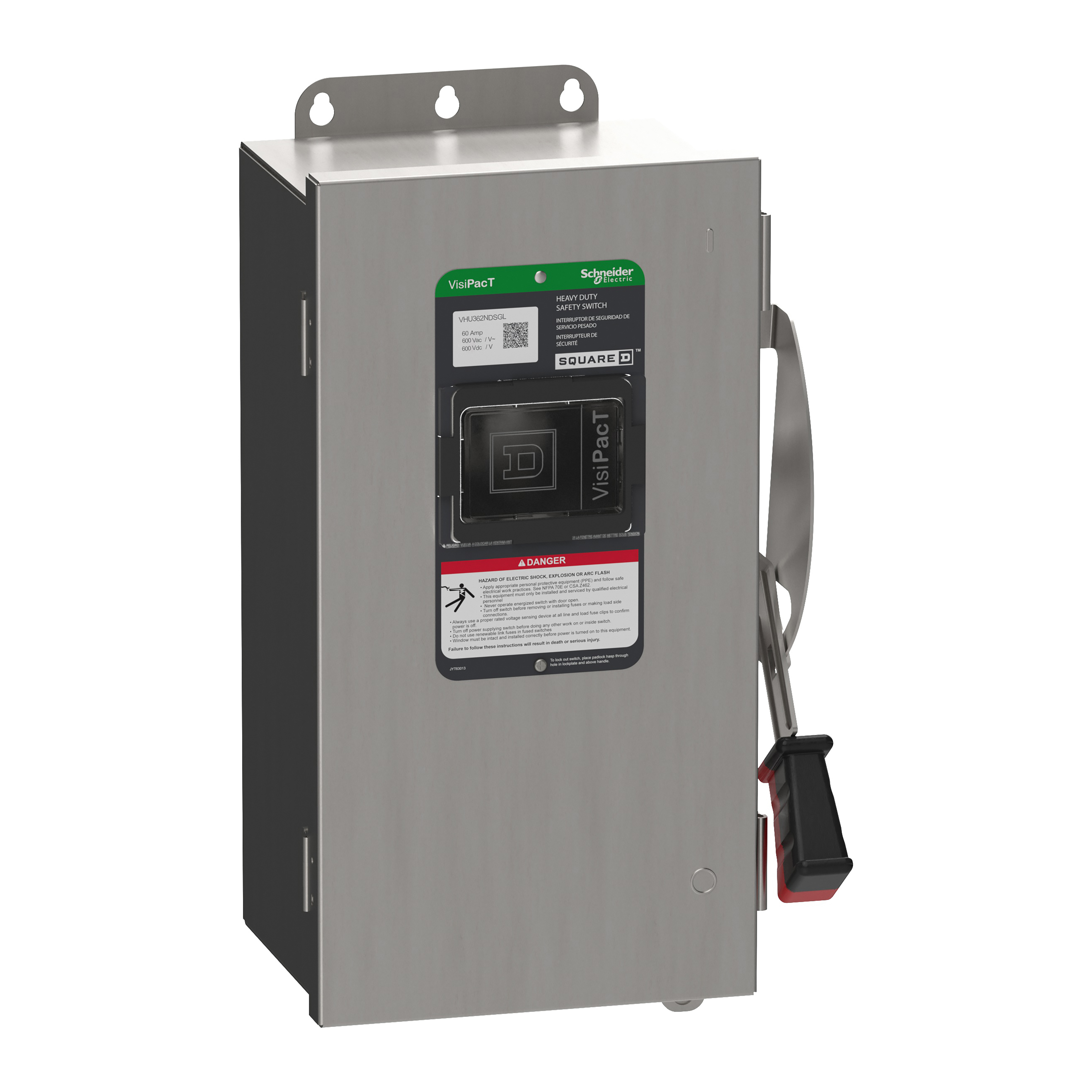 Safety switch, heavy duty, unfused, viewing window, NEMA 4X, 600V, 60A, 3 pole, neutral installed, ground lugs