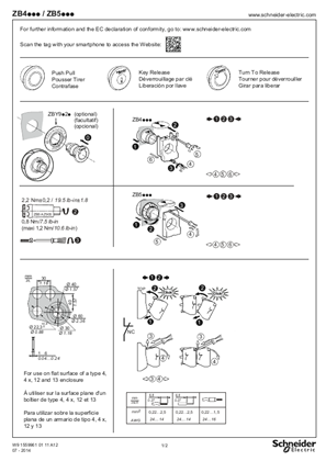 ZB4..., ZB5... Mounting XB4 pushbuttons chromium plated metal bezel and XB5 plastic bezel with or without circular yellow legends ZBY9.2., Instruction Sheet (EN)