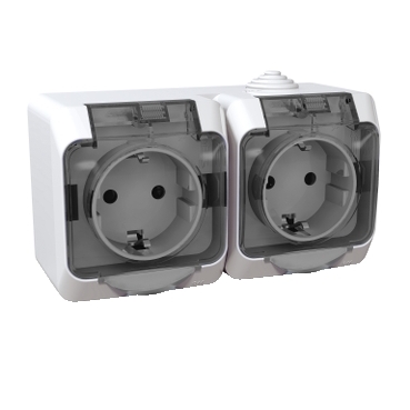 CEDAR PLUS 2x2P+F csatlakozóaljzat, biztonsági zsaluval, átlátszó szürke csapófedéllel, IP44, fehér - WDE000526