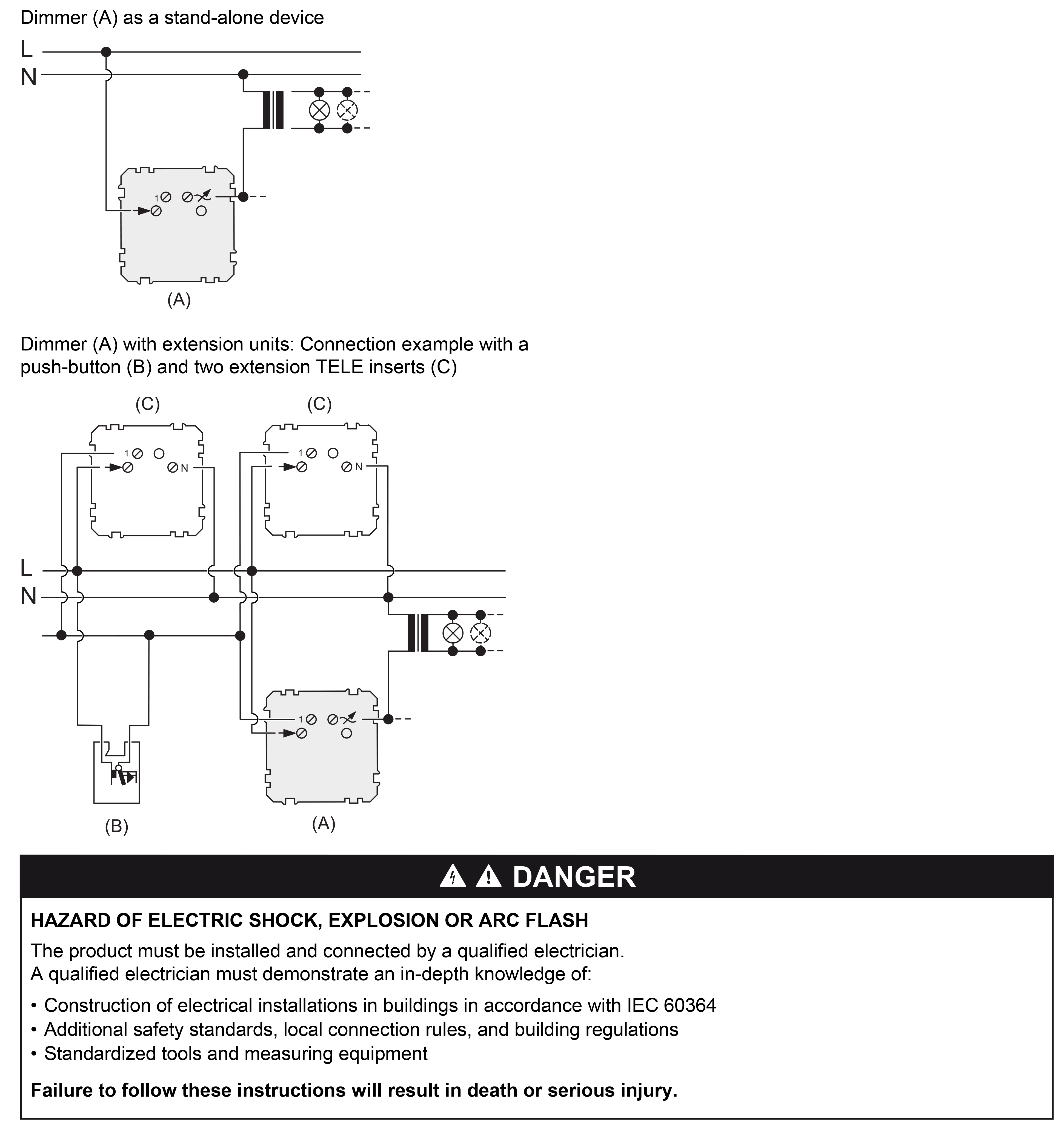 Merten, Dimmer, wiring diagram (en) Technical illustration Schneider Electric