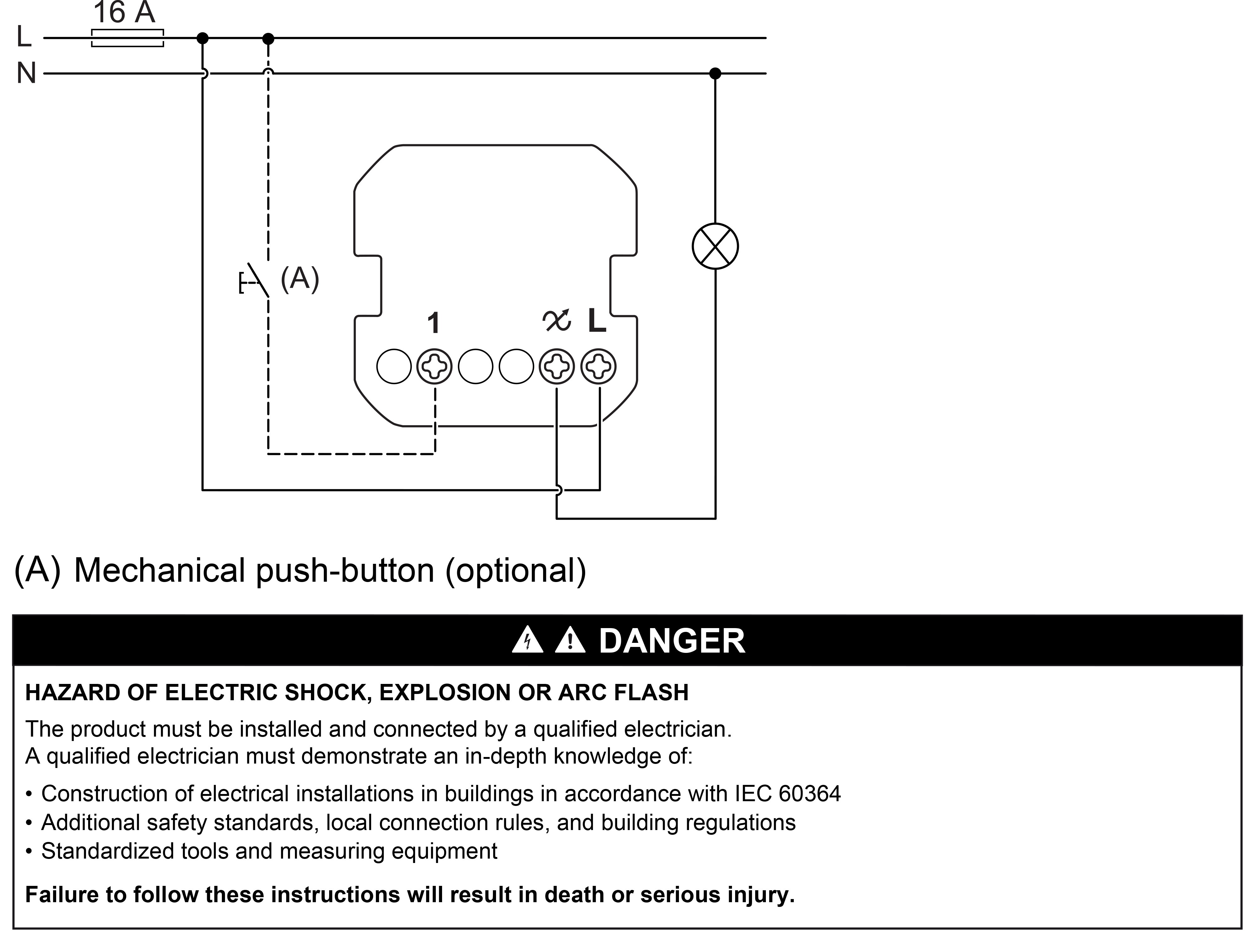 Push button dimmer, wiring diagram (en) Technical illustration