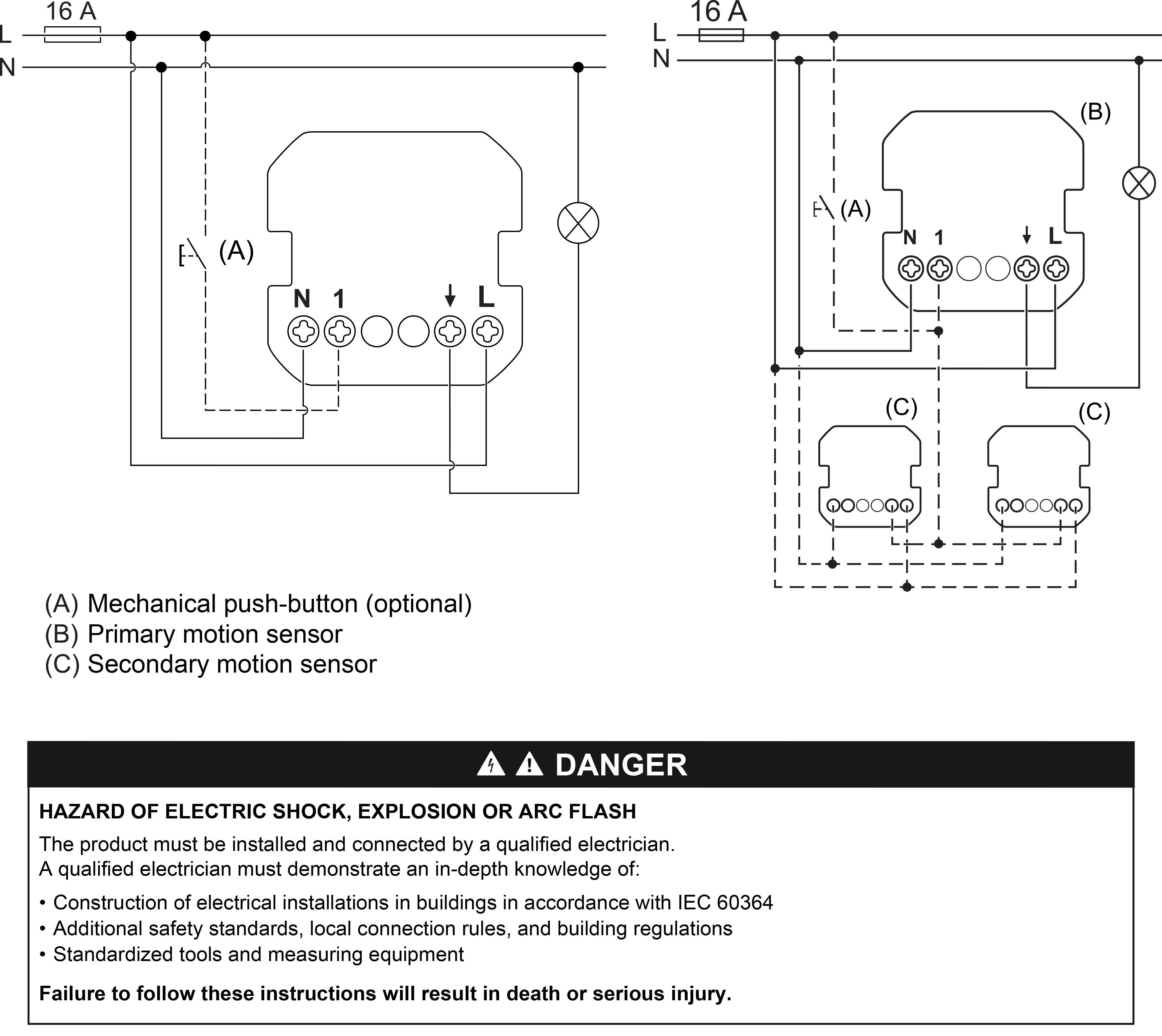 Motion sensor switch, wiring diagram (en) Technical illustration