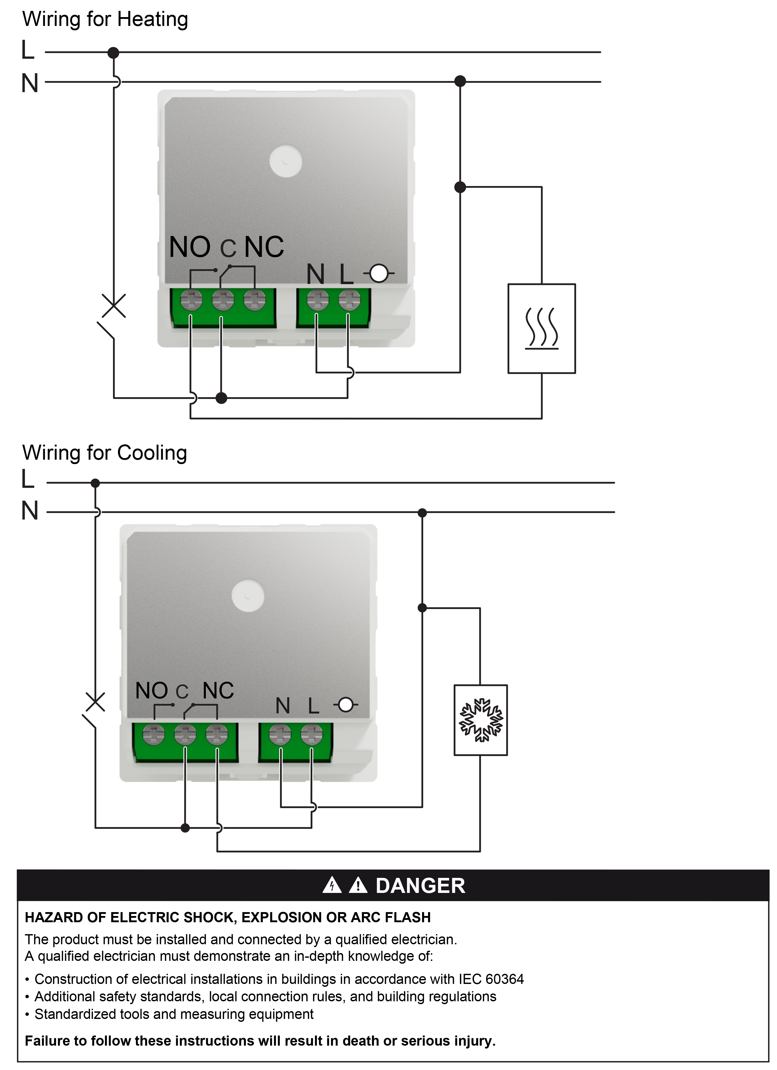 New Unica, room thermostat, wiring diagram (en) Technical illustration