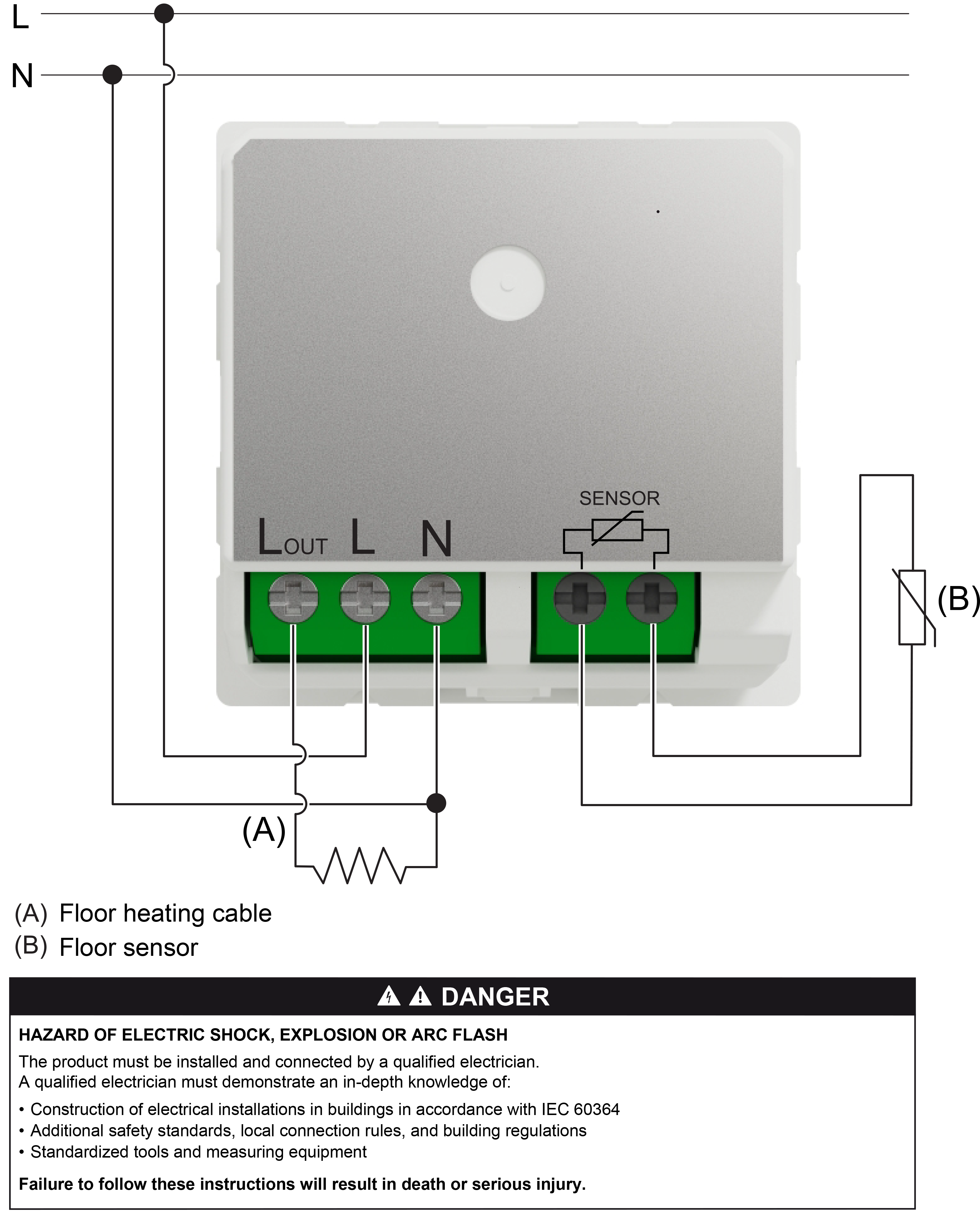 New Unica, floor thermostat, wiring diagram (en) Technical illustration Schneider Electric