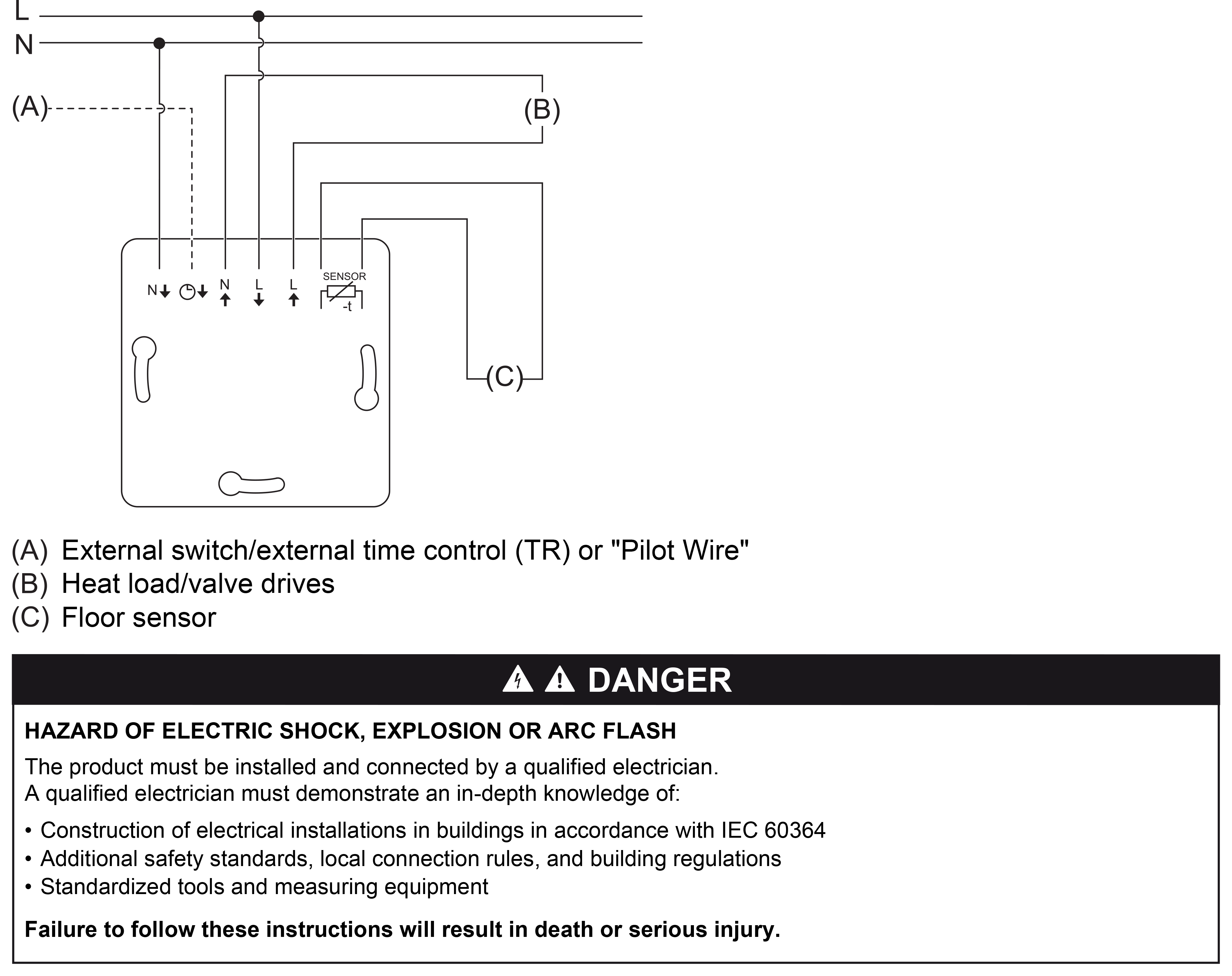 Thermostat with touch display, wiring diagram (en) Technische Zeichnung