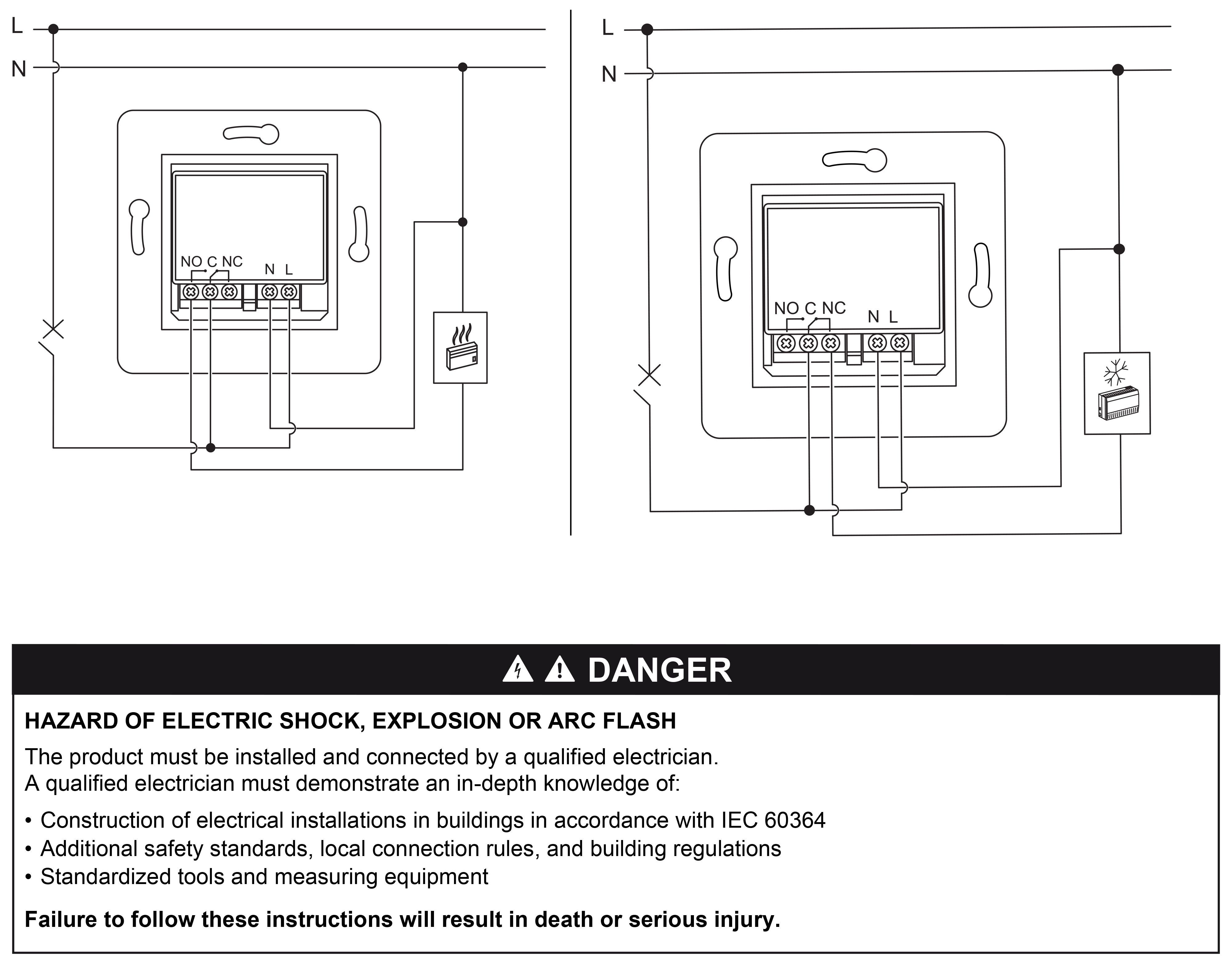 Odace, room thermostat heat/cool, wiring diagram (en) Technical illustration Schneider Electric
