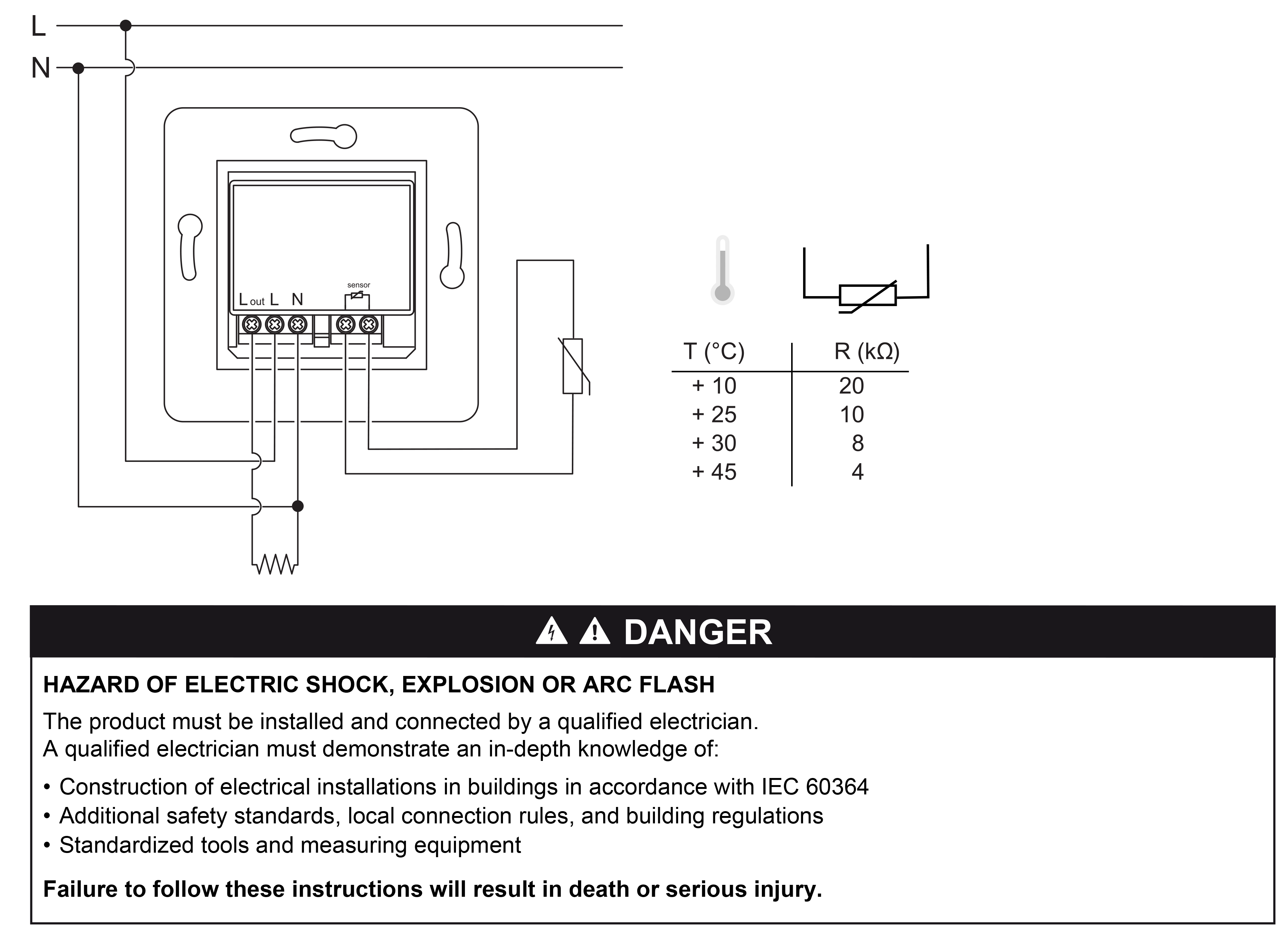 Odace, floor thermostat, heat with sensor, wiring diagram (en