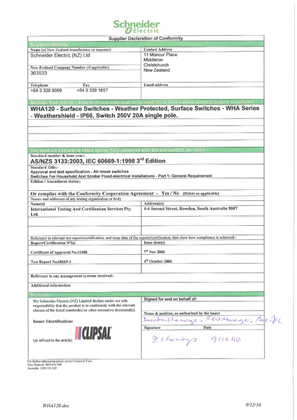 Weathershield, WHA120, Declaration of Conformity