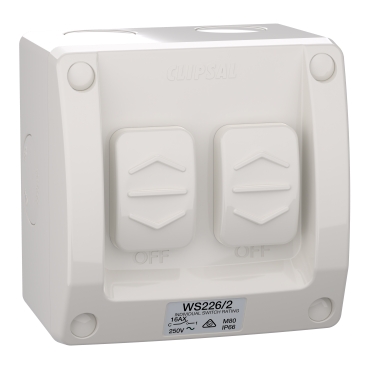 Surface Switch, 2 Gang, 250VAC, 16A, WS Series, M80 - Square