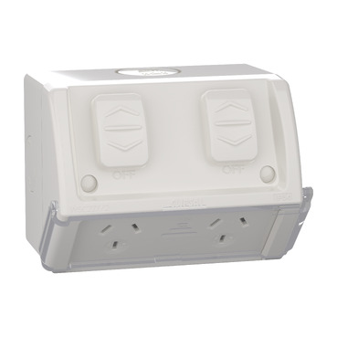 Twin Switch Socket Outlet, 250V, 10A, Weather Proof, Flap