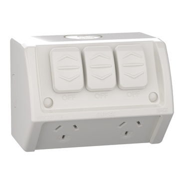 Weathershield, Twin Switch Socket Outlet, 250V, 10A, Weather Proof, Extra Switch